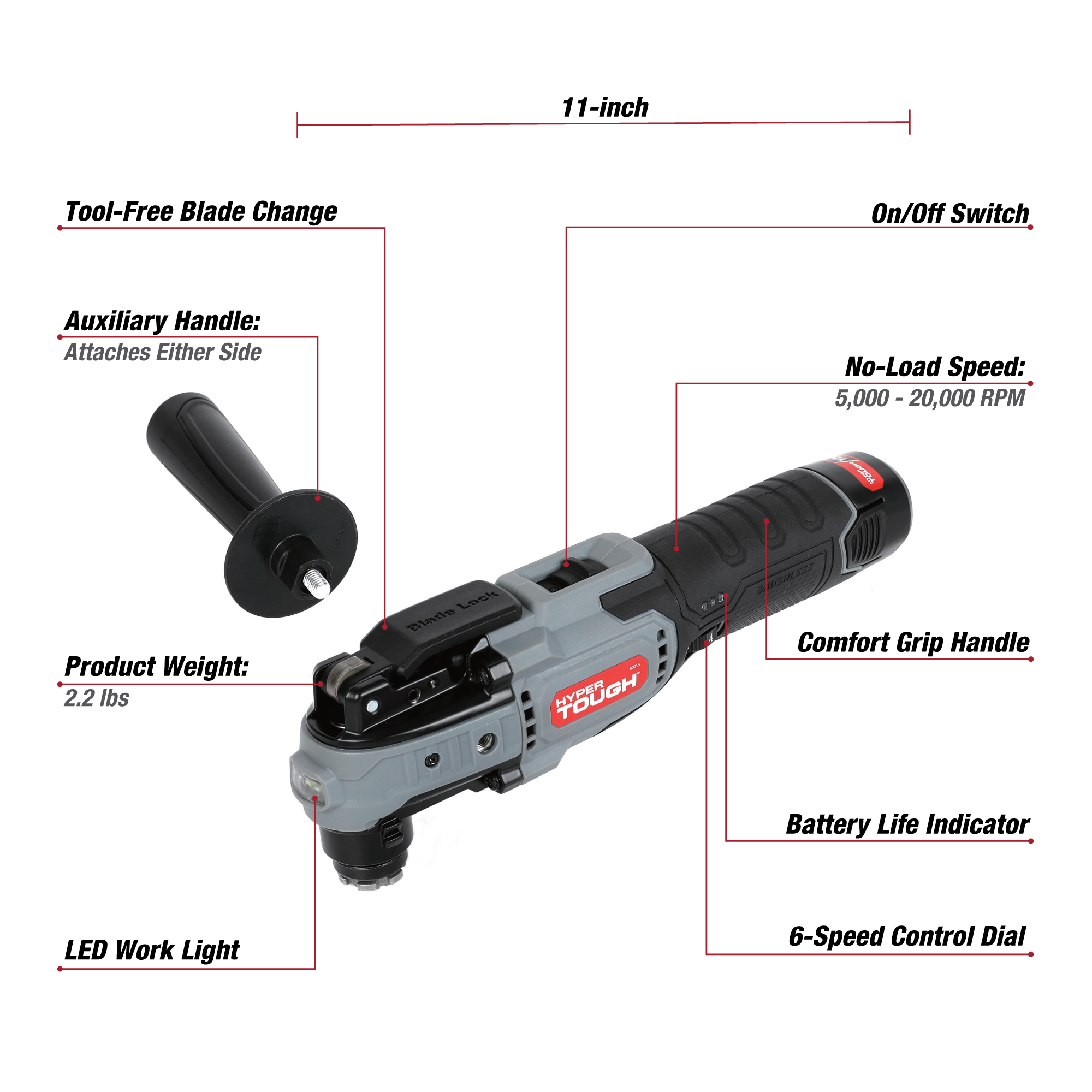 Multiherramienta oscilante Hyper Tough sin escobillas de 12V Max de iones de litio con batería de 1.5Ah y cargador 3
