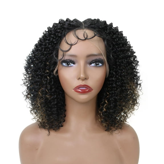 LUXLUXE Breanna 5” Mid-part HD Lace Front Stylish Bouncy Loose Caurls With Baby Hair, Heat Resistant Fibers, Black with Golden Highlights Colors