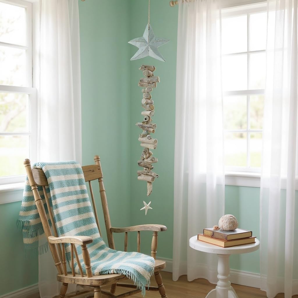 Coastal Driftwood Hanging Garland Mobile with Stars, Natural Wood Beach Decor, 36 Inch Length, Handcrafted Vertical Art Wind Chime