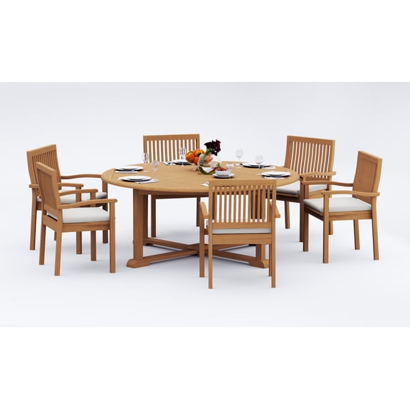 7-Piece Teak Dining Set: 72" Round Table 6 Leveb Stacking Arm Chairs