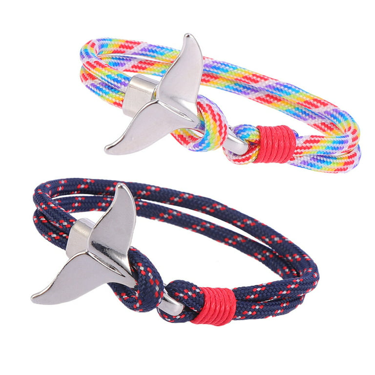 4 pcs Whale Tail Bracelets Men Women Charm Nautical Survival Rope Chain  Paracord Bracelet Male Wrap Metal Hook Wrist Bands (Whale Tail 01+02)