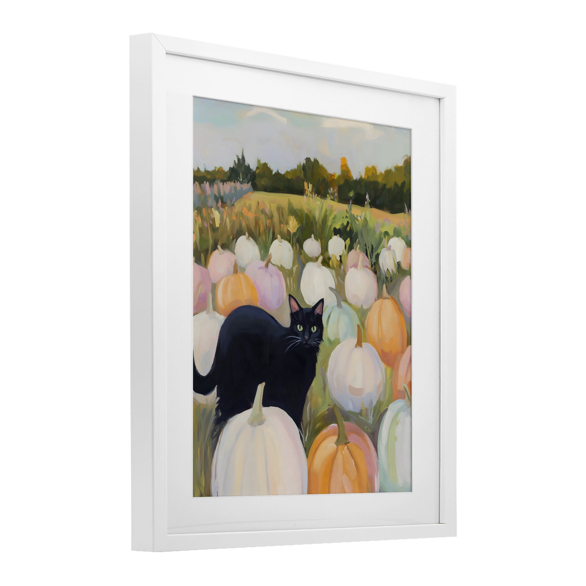 Stupell Industries Kitten & Pumpkins in Field White Framed Print Under Glass, design by The Prints Vibe