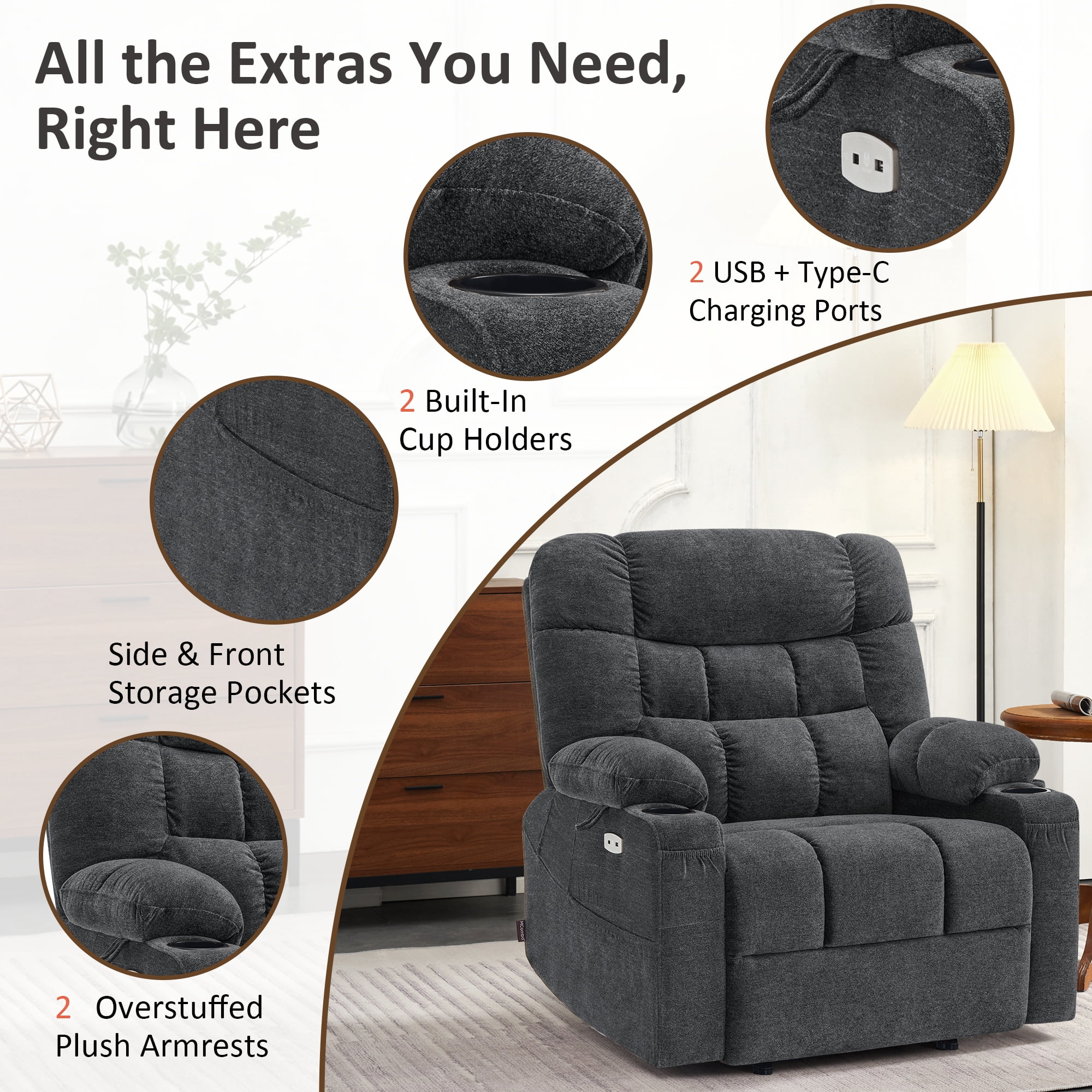 MCombo 27.2" Extra Wide Dual Motor Lift Chair, Dual Zone Heat, Infinite Position Recliner for Elderly, Dark Grey Fabric