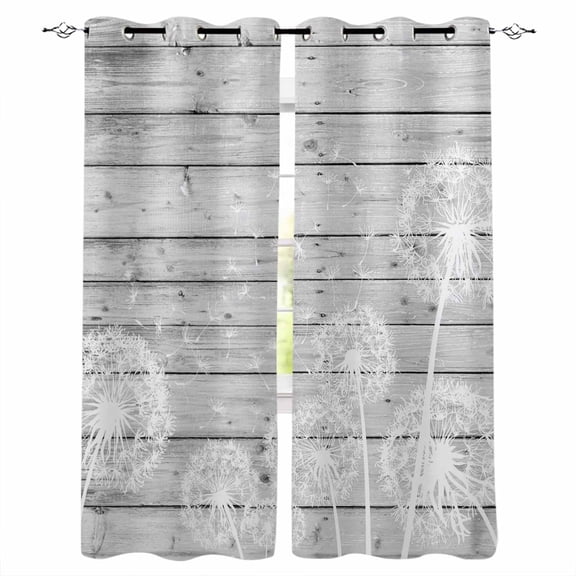 White Dandelion Blackout Curtains 45 Inches Long, Kitchen Black Out Window Treatments, Spring Flowers Plants Vintage Gray Wood Thermal Insulated Lined Drapes for Small Window with Grommet 42"x45"