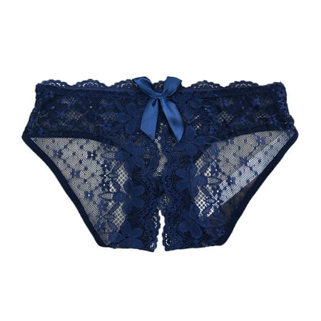 Crotchless Underwear Dark Blue Lace Thong Cheeky Panties Women s Sexy Lingerie & Underwear See Through Panties M