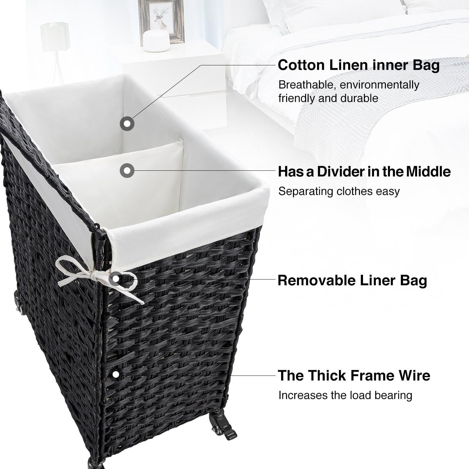 Rolanstar 90L Laundry Hamper with Wheels, No Install Needed, Divided Handwoven Hampers & 2 Removable Liner Bags, Synthetic Rattan Clothes Laundry Basket with Lid & Handles, Foldable Hampers Gray