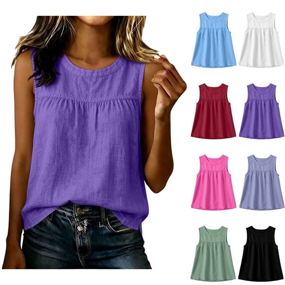 Xaqiouau Women's Cotton Linen Blend Tank Top Crew Neck Relaxed Fit Blouse Gathered Bust Casual Summer Outfit