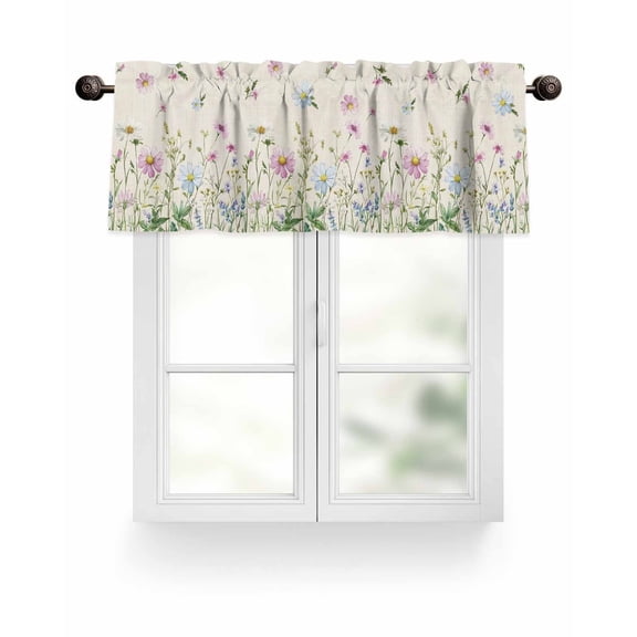 Pink Blue Daisy Floral Kitchen Valances for Windows Wildflowers Herbs Botanical Valance Curtains for Kitchen /Living Room/Bedroom/ Bathroom Decor, 42"x12 " ,Rod Pocket 1 Panel, Beige