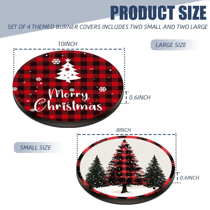 Christmas Stove Burner Covers for Electric Stove, Merry Christmas Red Black Checkered Xmas Decorative Round Mental Electric Range Burner Covers Set of 4 for Kitchen, 8 Inches and 10 Inches