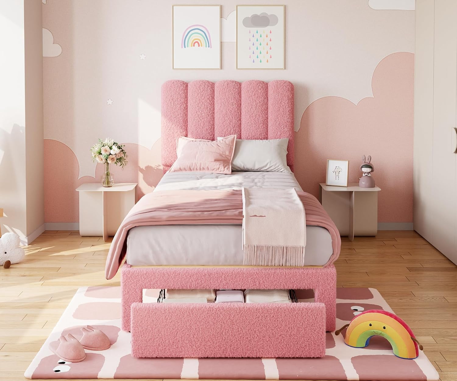 Homhougo Twin Bed Frame with Storage Drawer and Headboard, Boucle Upholstered Twin Platform Bed Frame for Girls, Strong Wooden Slats Support, Noise-Free, Easy Assembly (Boucle Pink)