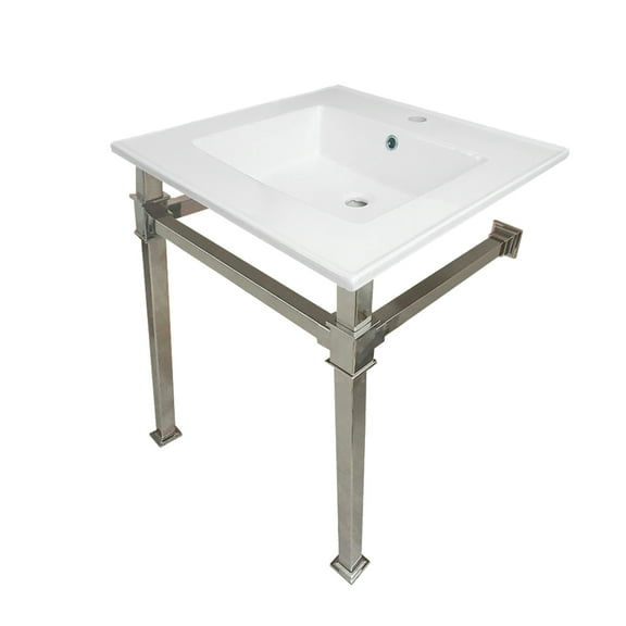 Kingston Brass KVPB25221Q6 Monarch 25" Ceramic Console Sink with Stainless Steel Legs (1-Hole), White/Polished Nickel