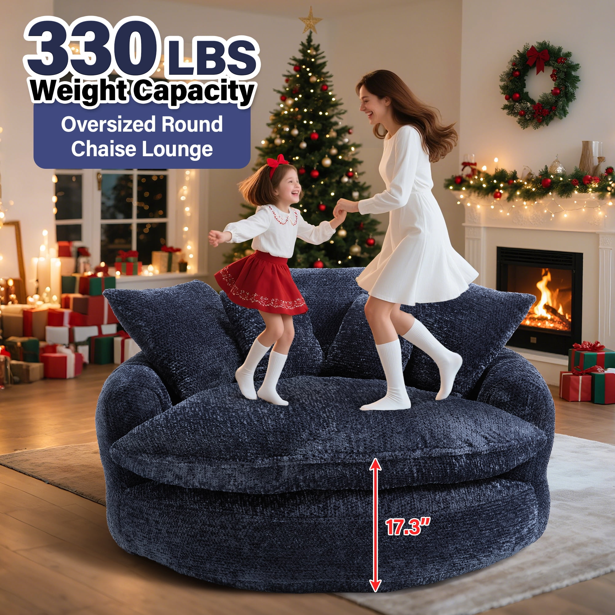 Aukfa 55" Oversized Round Chaise Lounge Chair, Fluffy Deep Seat Cloud Floor Sofa, Modern No Assembly Couch, Dark Blue