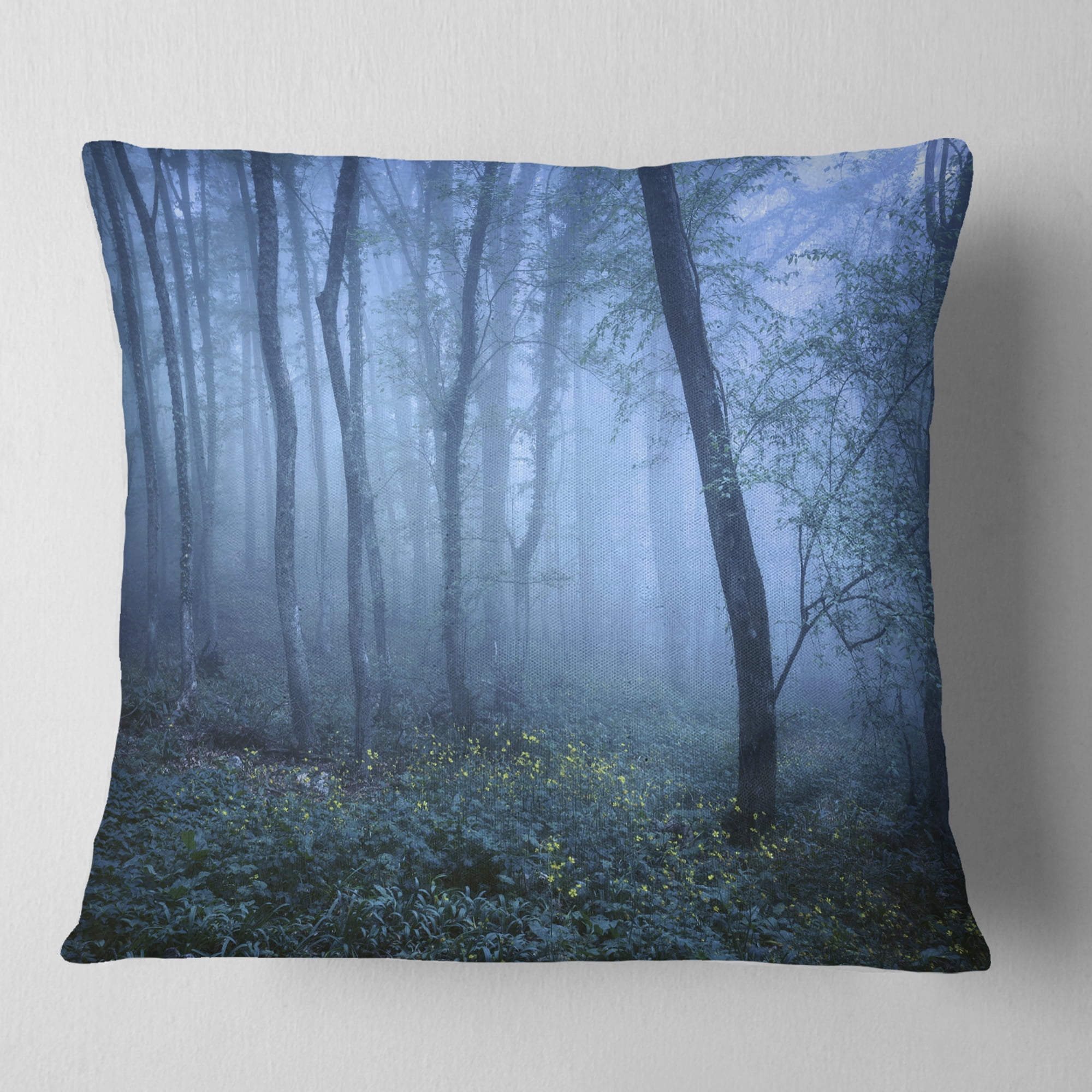 Designart Trail Through Blue Fall Forest - Landscape Photo Throw Pillow - 18x18
