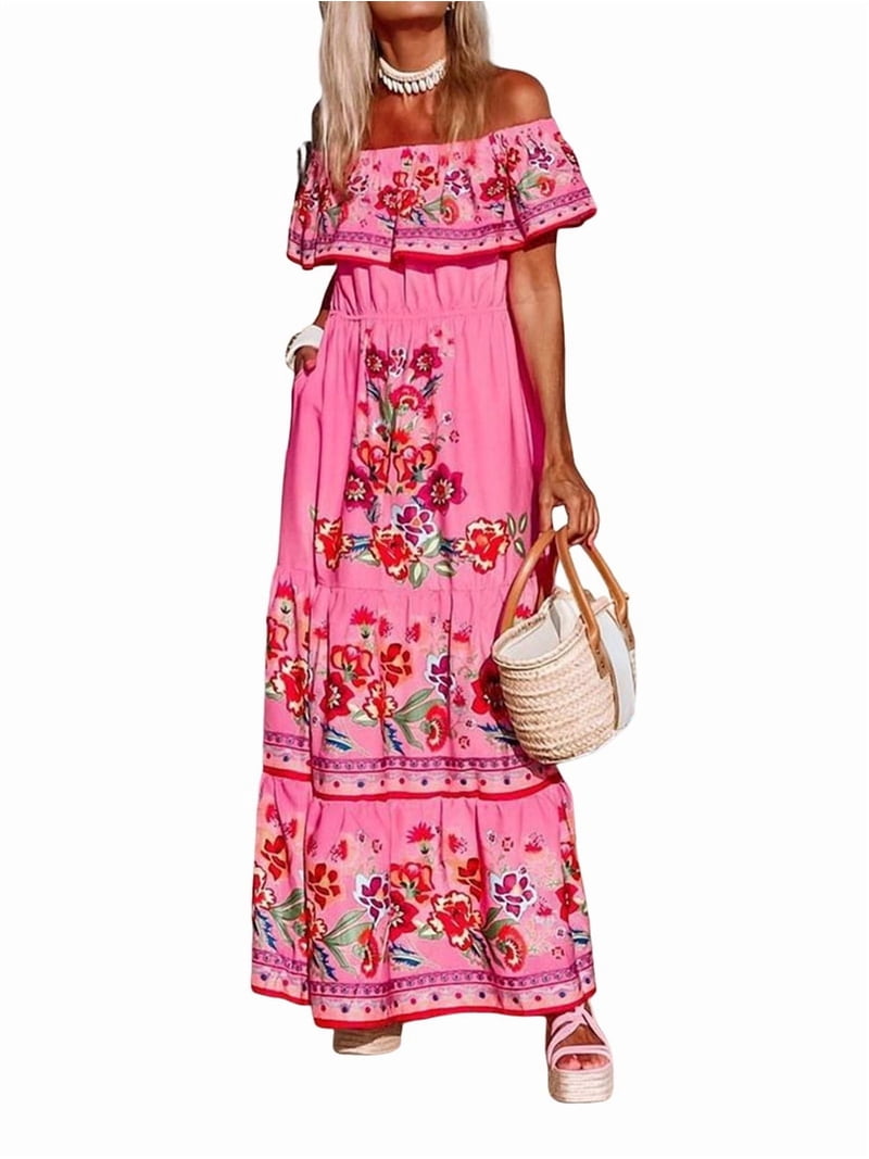 Women'S Mexican Dress Summer Floral Print Off the Shoulder Sleeveless Beach  Long Maxi Dress Pink S