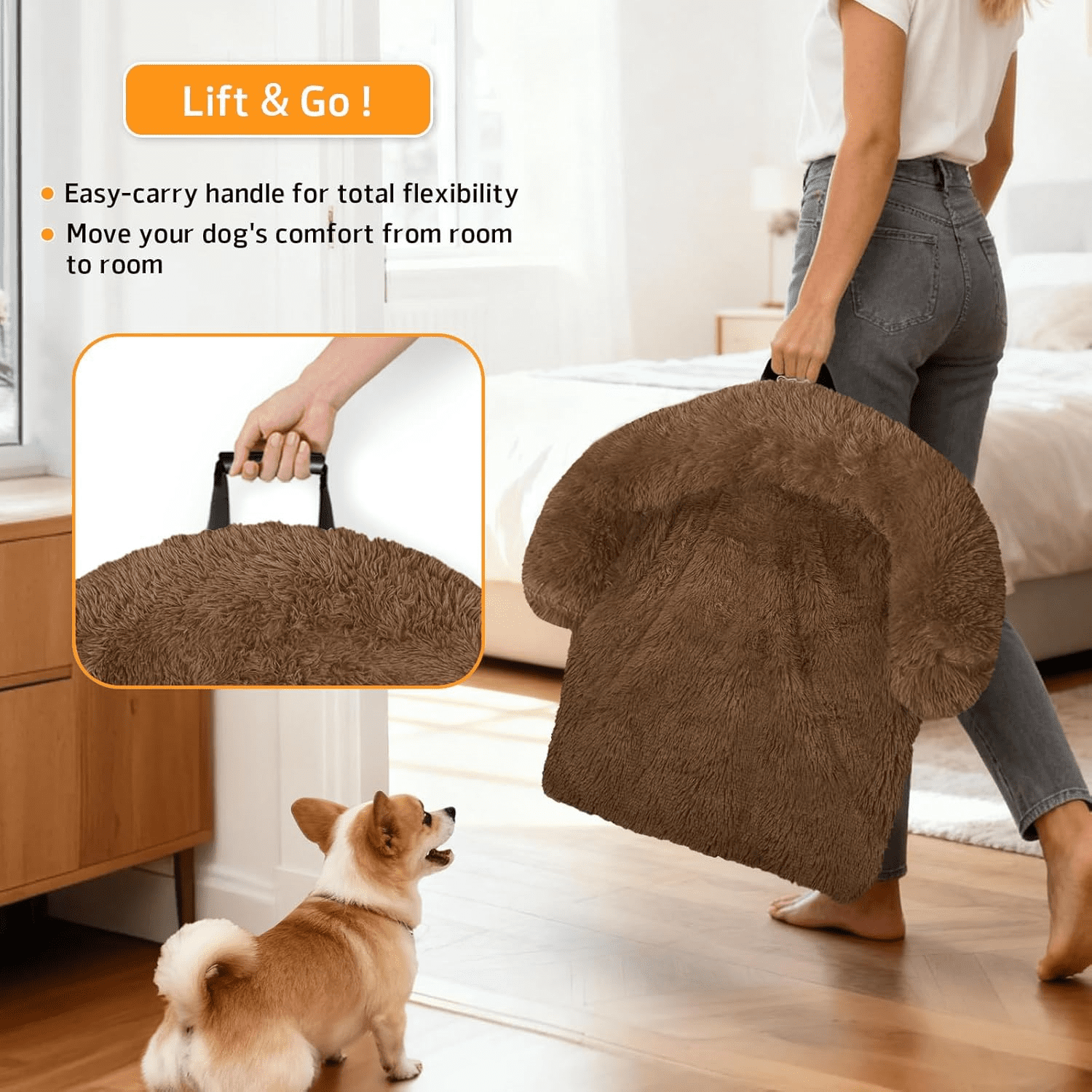 Dog Bed Fluffy Plush Dog Mat for Furniture Protector with Removable Washable Cover for Large Medium Small Dogs and Cats (Large, Brown)
