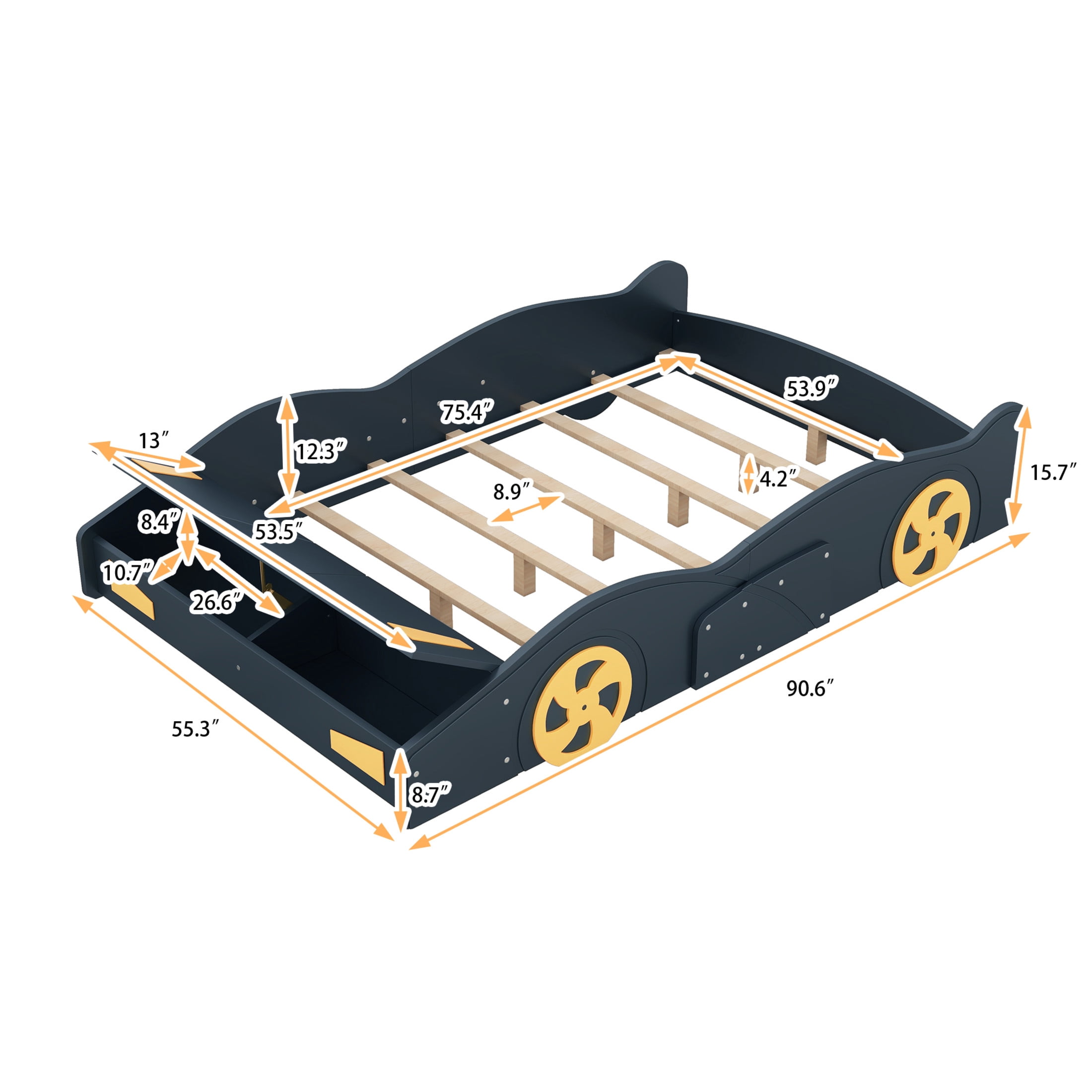 Noble House Full Size Race Car-Shaped Platform Bed with Front Storage, Pine Wood Frame, Dark Blue & Yellow