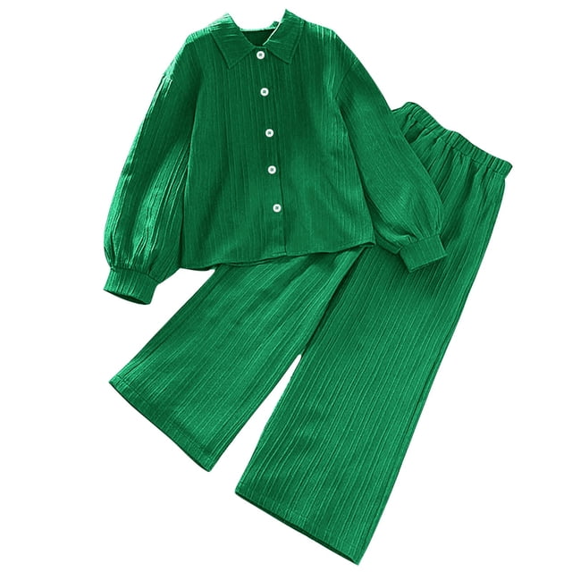 Odeerbi 8-12 Años Niños Niñas Algodón Conjuntos Camisa Manga Larga Pantalones Pierna Ancha Conjunto Primavera Solapa Camisa Pantalones Dos Piezas Conjunto