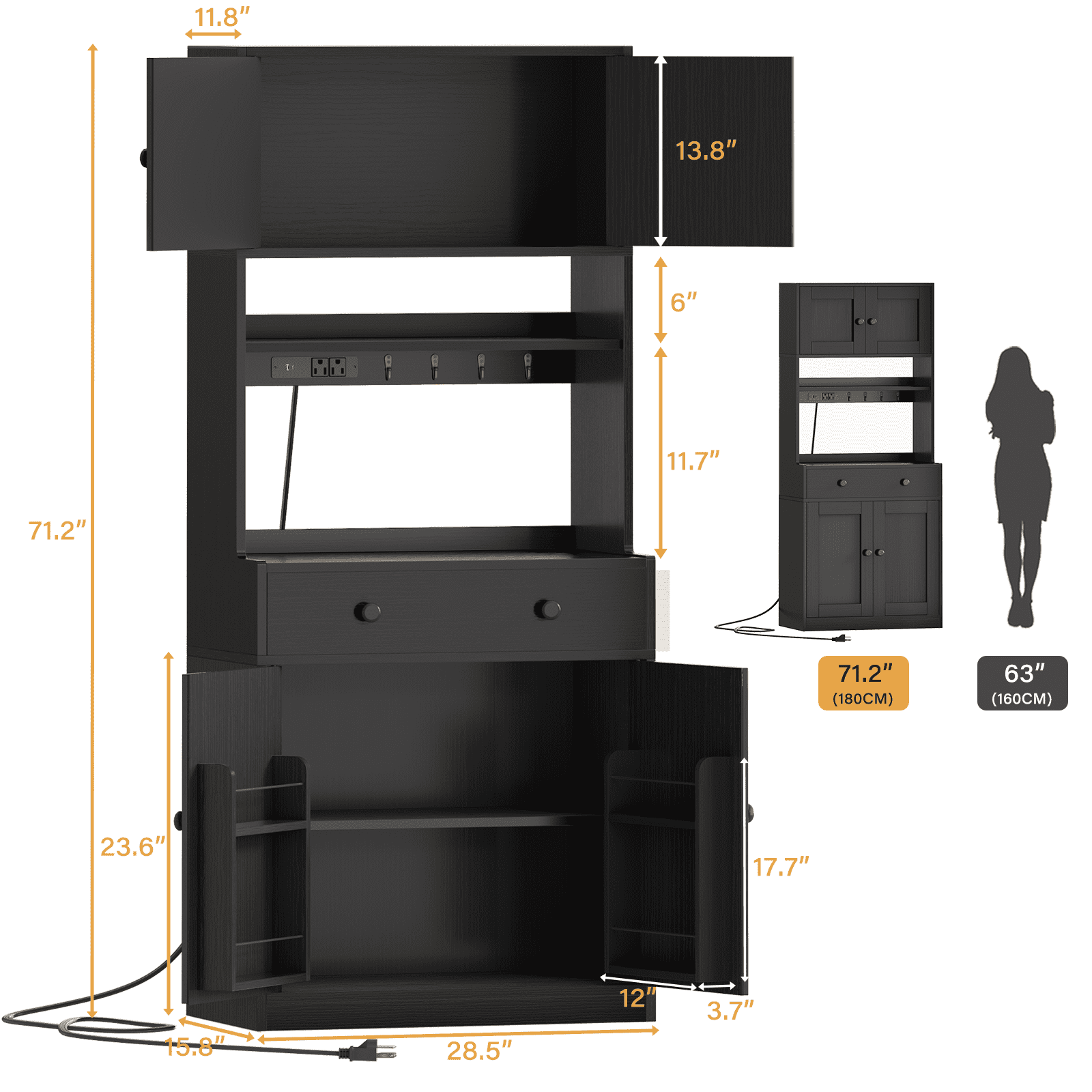 TYDIMOR 72" Tall Kitchen Pantry Storage Cabinet with Doors & Adjustable Shelves, Wood Buffet Cabinet with Microwave Stand, Freestanding Hutch Cabinet for Dining Room, Black
