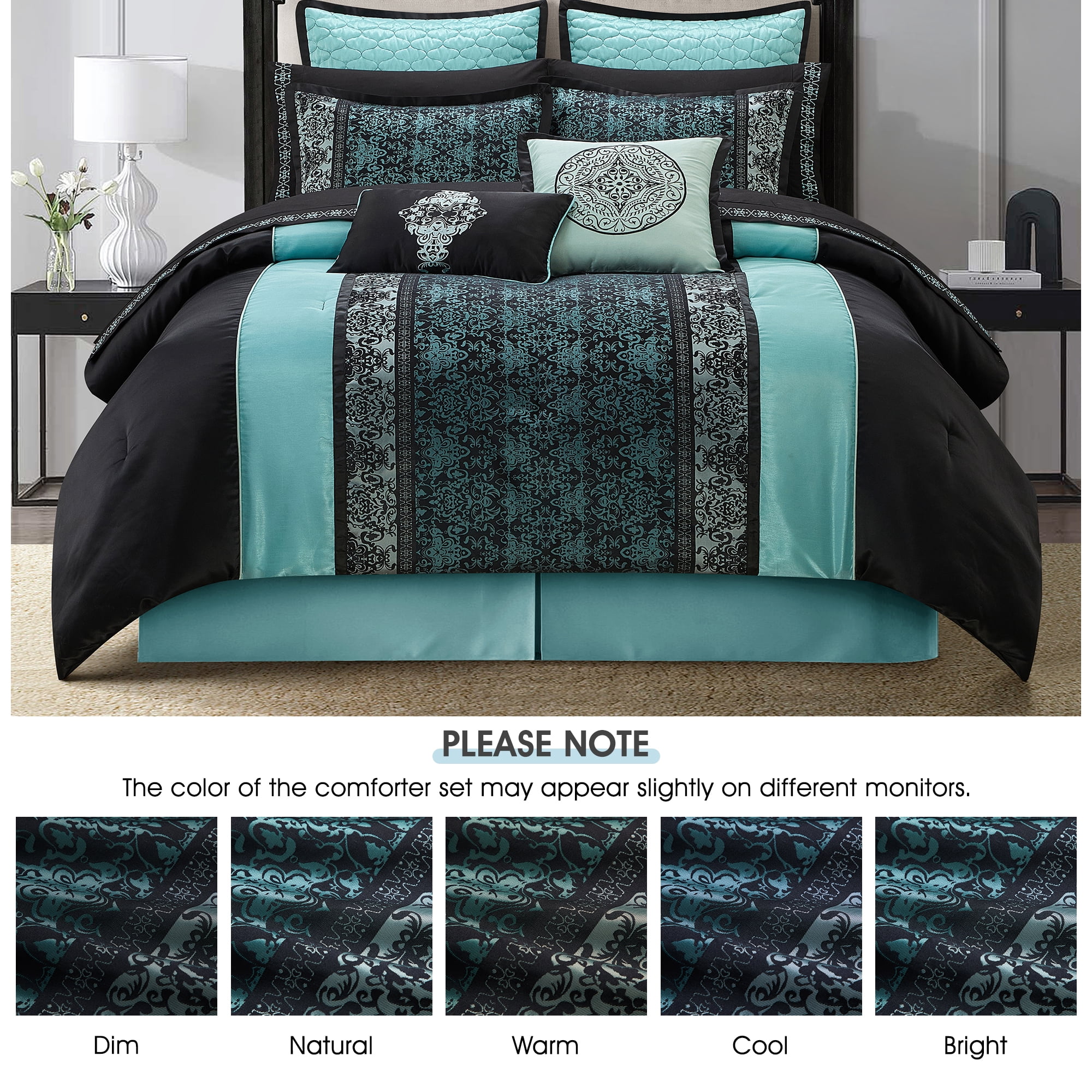 Lanco Black & Teal Comforter Set California King Size, Classic Jacquard Bedding Sets, Faux Silk, Premium Microfiber, 12 Pieces Bed in a Bag, Matching Fitted Sheet, Flat Sheet