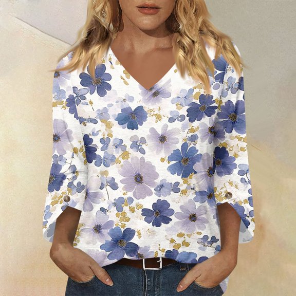 Iaqnaocc Womens Tops Summer 3/4 Sleeve Casual Crewneck T-Shirts Vintage Floral Print Tunic Tops Loose Fit Spring Day Tee Top Purple XL