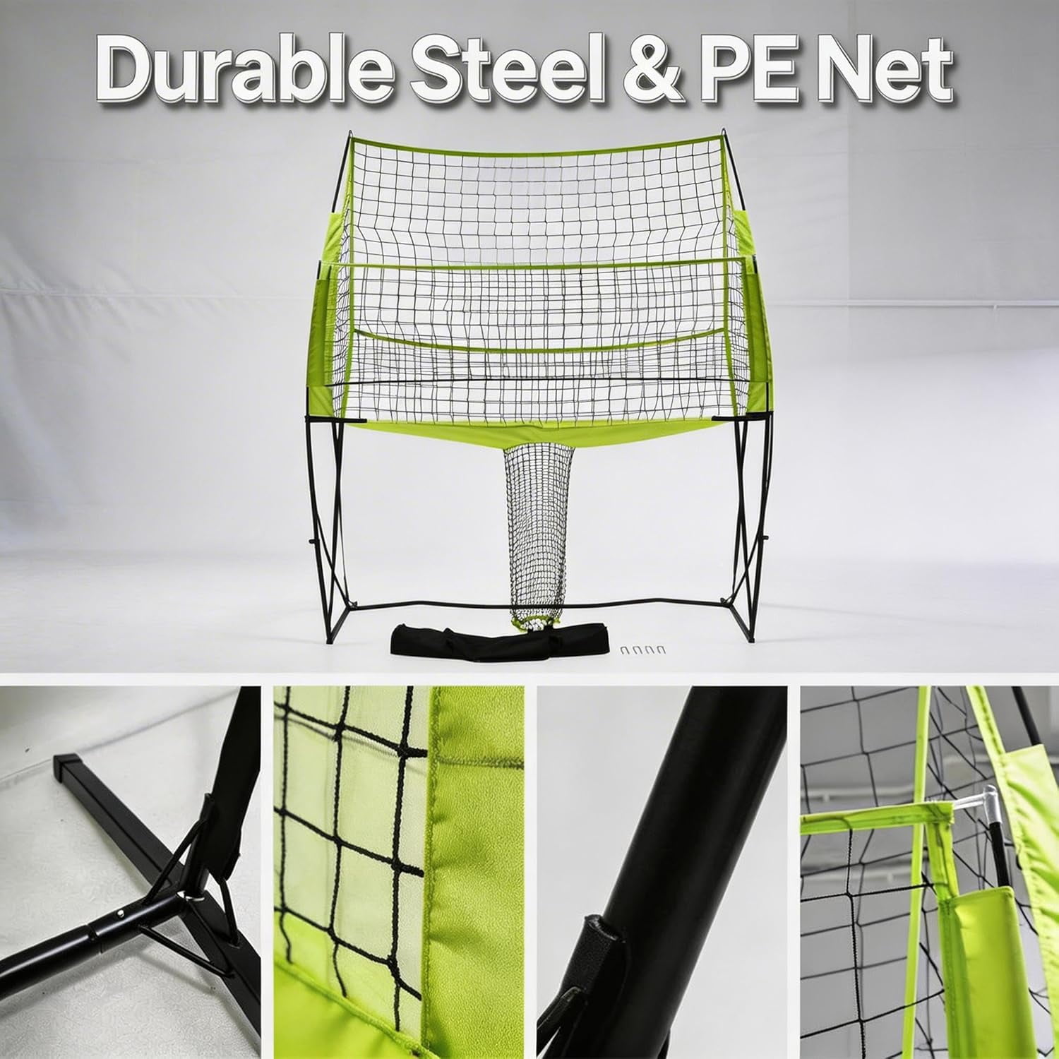 Portable Volleyball Practice Net System, Adjustable 8ft/7ft 3in/6ft 6in Heights, Steel Frame with Carry Bag, Green, Indoor & Outdoor