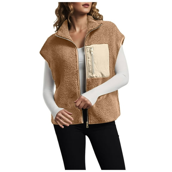 felwors Women's Oversized Sherpa Vest Casual Warm Fleece Fuzzy Jackets Sleeveless Zip Up Cozy Vests Outerwear with Pockets Khaki, L