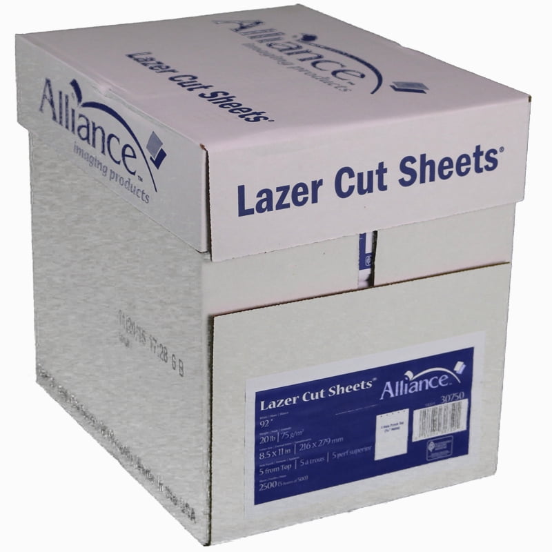 Alliance Laser Cut Sheet Paper, 8.5 x 11, 5 Hole Punch Top, 2500 Sheets