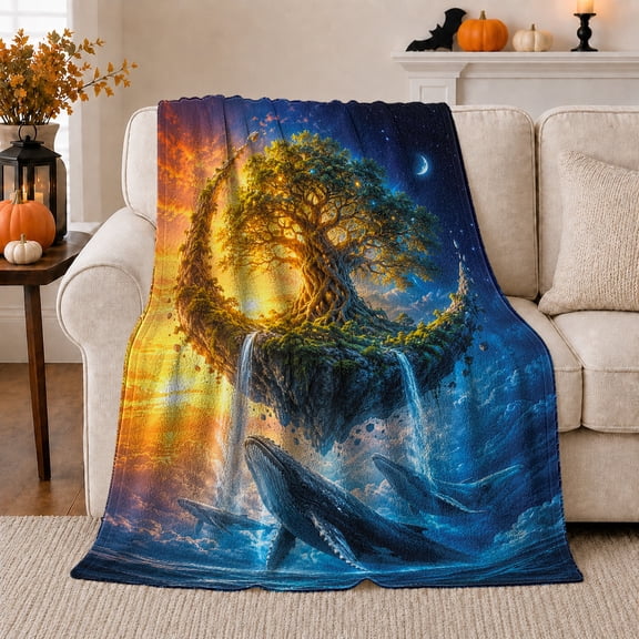 Whale beneath Floating Tree Island and Starry Sky, Dreamy Fantasy Ocean Motif for Fantasy Art Lovers, Birthday Gift, Cozy Flannel Blanket for Bedroom and Reading Nook, Magical Home Decor