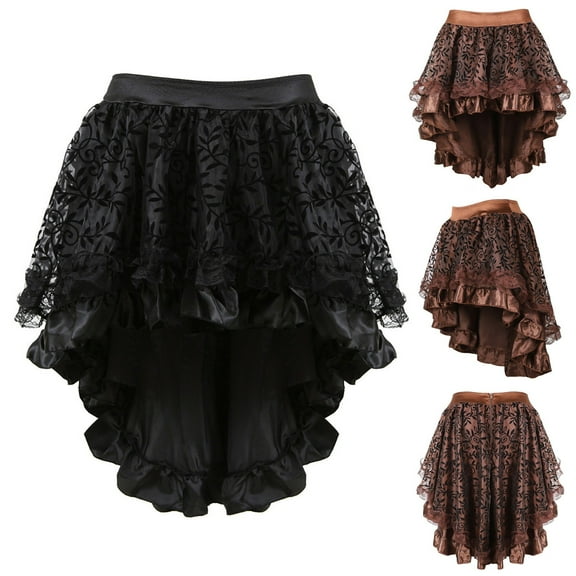 USSUMA Skirts for Women Trendy Summer Midi Skirt Solid Color Retro Ruffles Zipper Mid-Calf Skirt Mesh Gothic Casual Dresses Comfortable Skirt School Clearance Sale Black Skirt for Women L