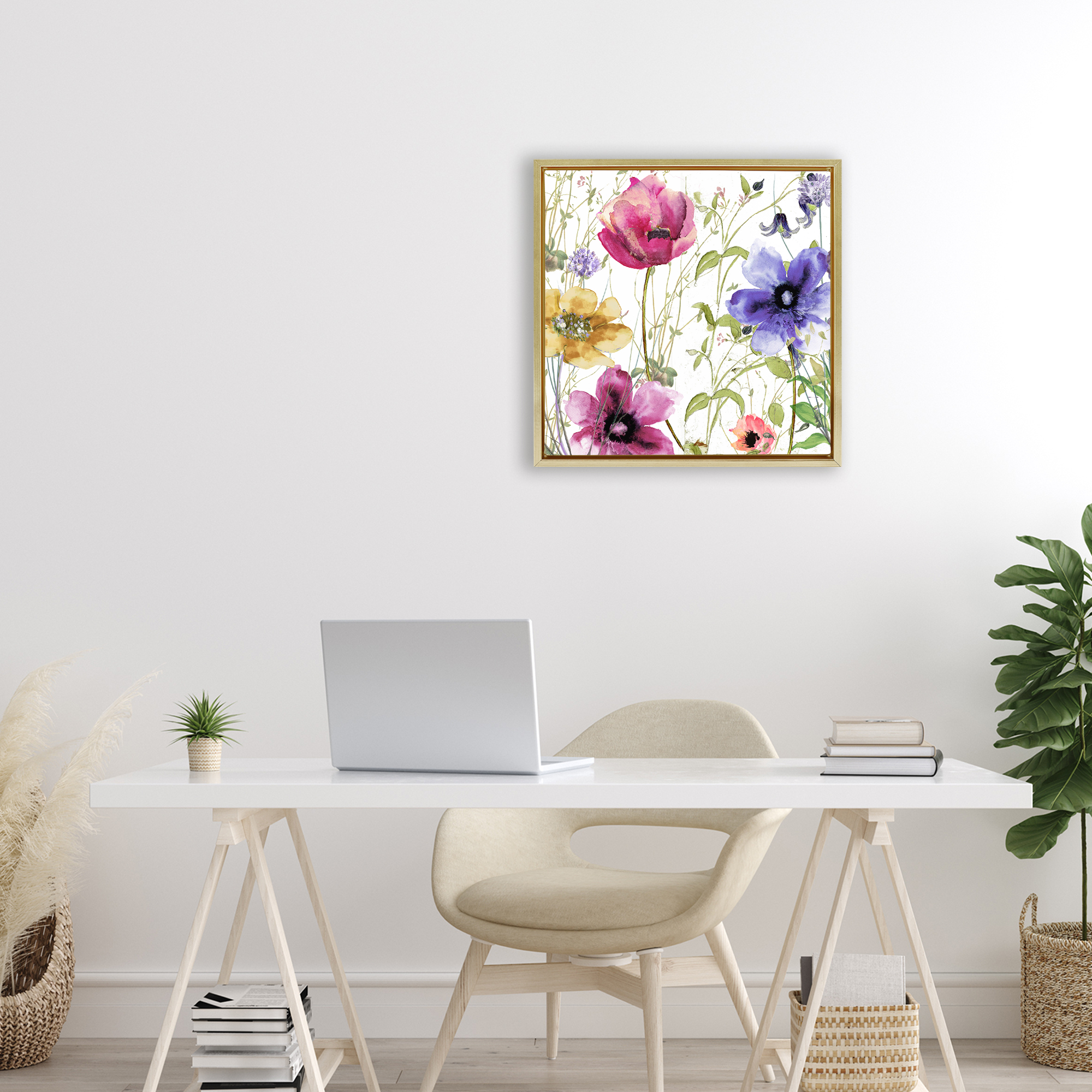 Botanical Spring Garden Blooms Gold Framed Floater Canvas Wall Art, design by Sasha