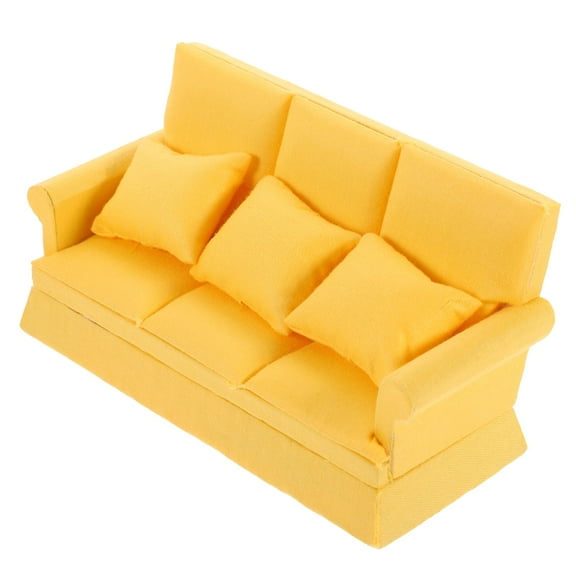 SEWCHICS Miniature Dollhouse Bedroom Furniture Set with Yellow Cotton Fabric Sofa and Dining Room Accessories