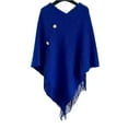 thumbnail image 2 of Women's Knitted Poncho Sweater V-Neck Button Pullover Cape with Tassels Cozy Shawl Wrap Cardigan Tops for Fall Winter Royal Blue, 2 of 3