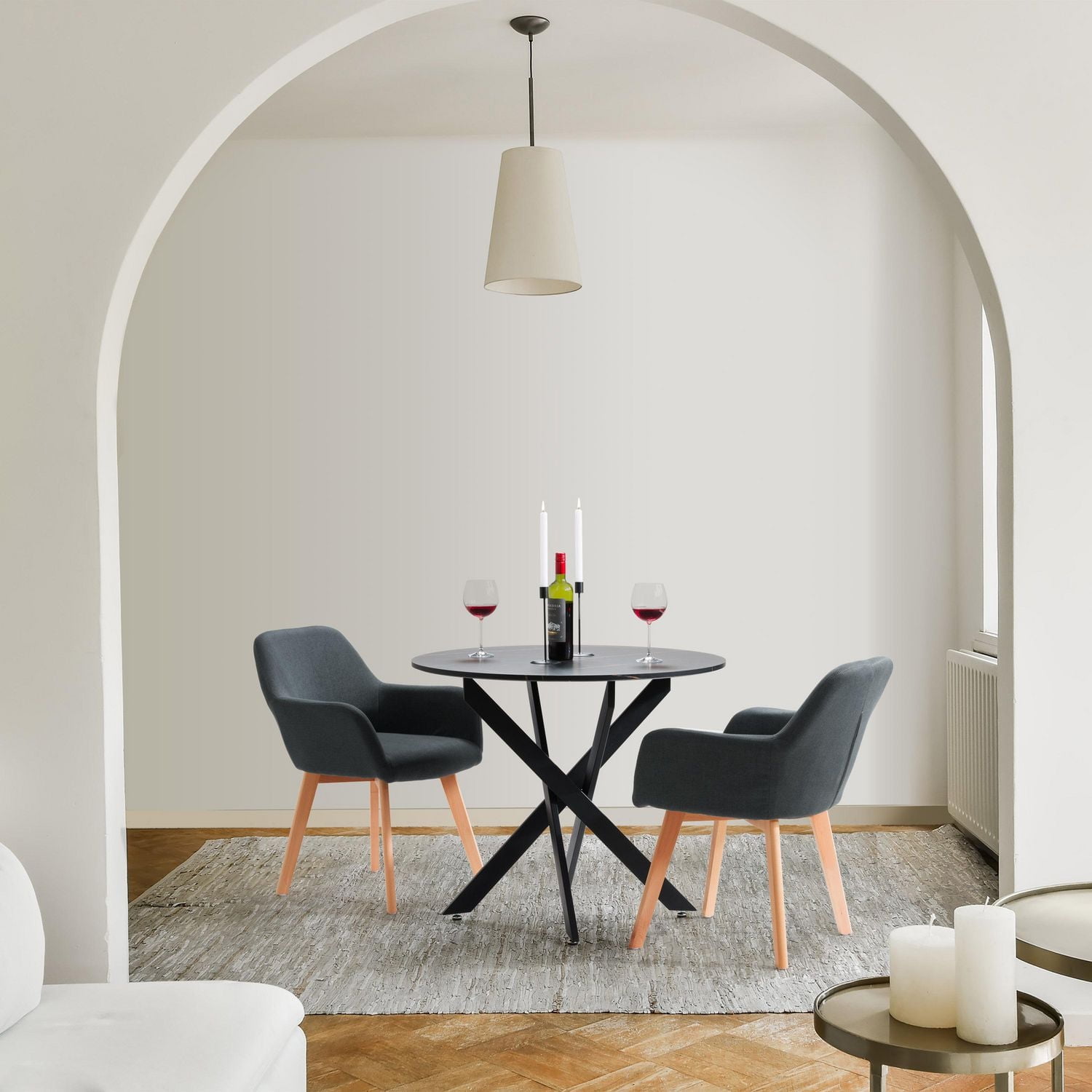 CorLiving Ayla Upholstered Indoor Dining Side Chair with Arms and Wood Legs