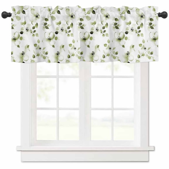 Rod Pocket Window Valances Sage Green Flower Leaves on White Short Kitchen Curtains Watercolor Floral Window Treatment Drapes for Bedroom Bathroom Living Room 54x18In,1 Panel