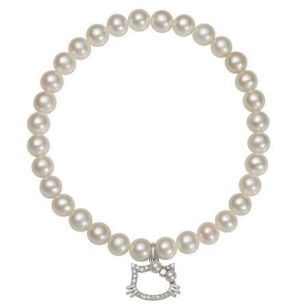 7-8mm White Cultured Freshwater Pearl and Cubic Zirconia Encrusted Hello Kitty Charm Stretch Bracelet, 7.5