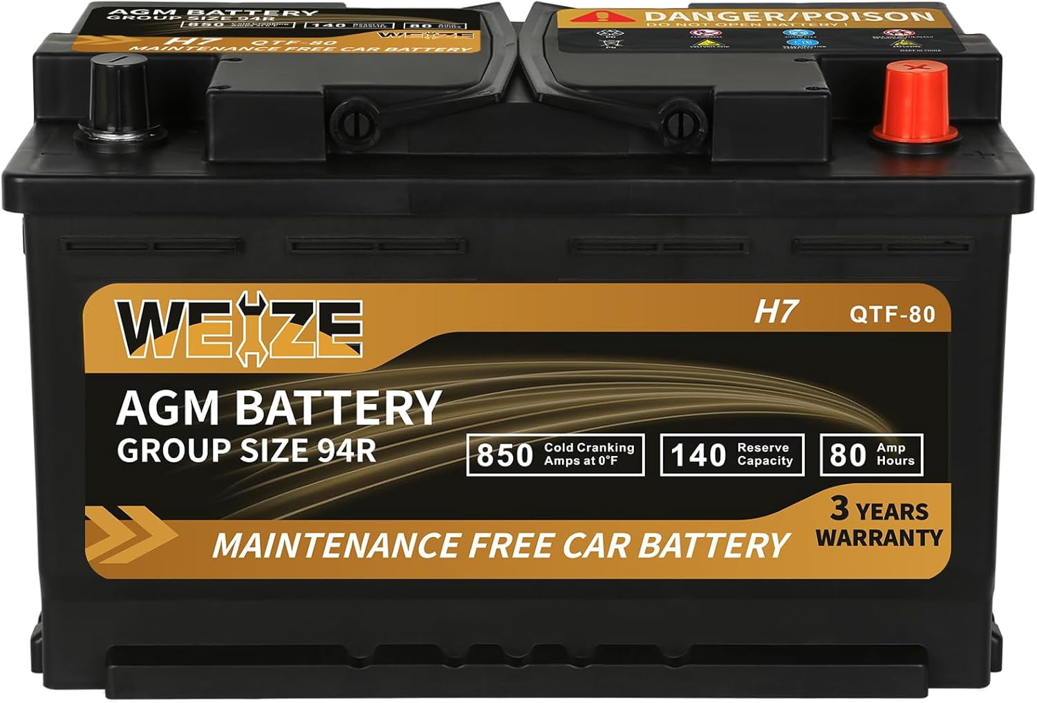 BCI Group 94R AGM Car Battery 12V 80Ah, 850 Cold Cranking Amps, 140 Reserve Capacity, Fast Recharge, Vibration Resistant for Start-Stop Systems