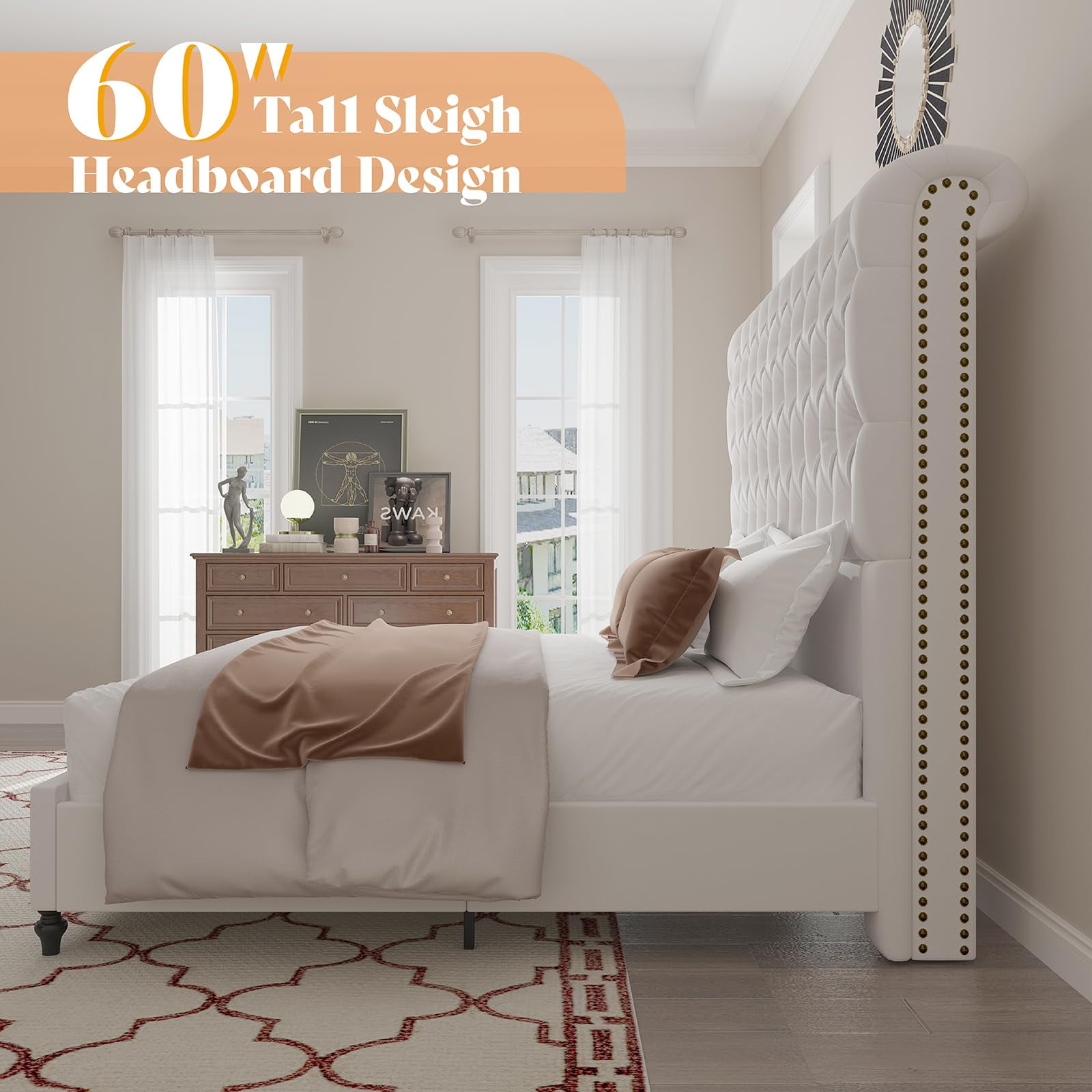 VanAcc Queen Size Bed Frame, 60" Tall Sleigh Headboard Bed with Velvet Upholstered Platform, Cream