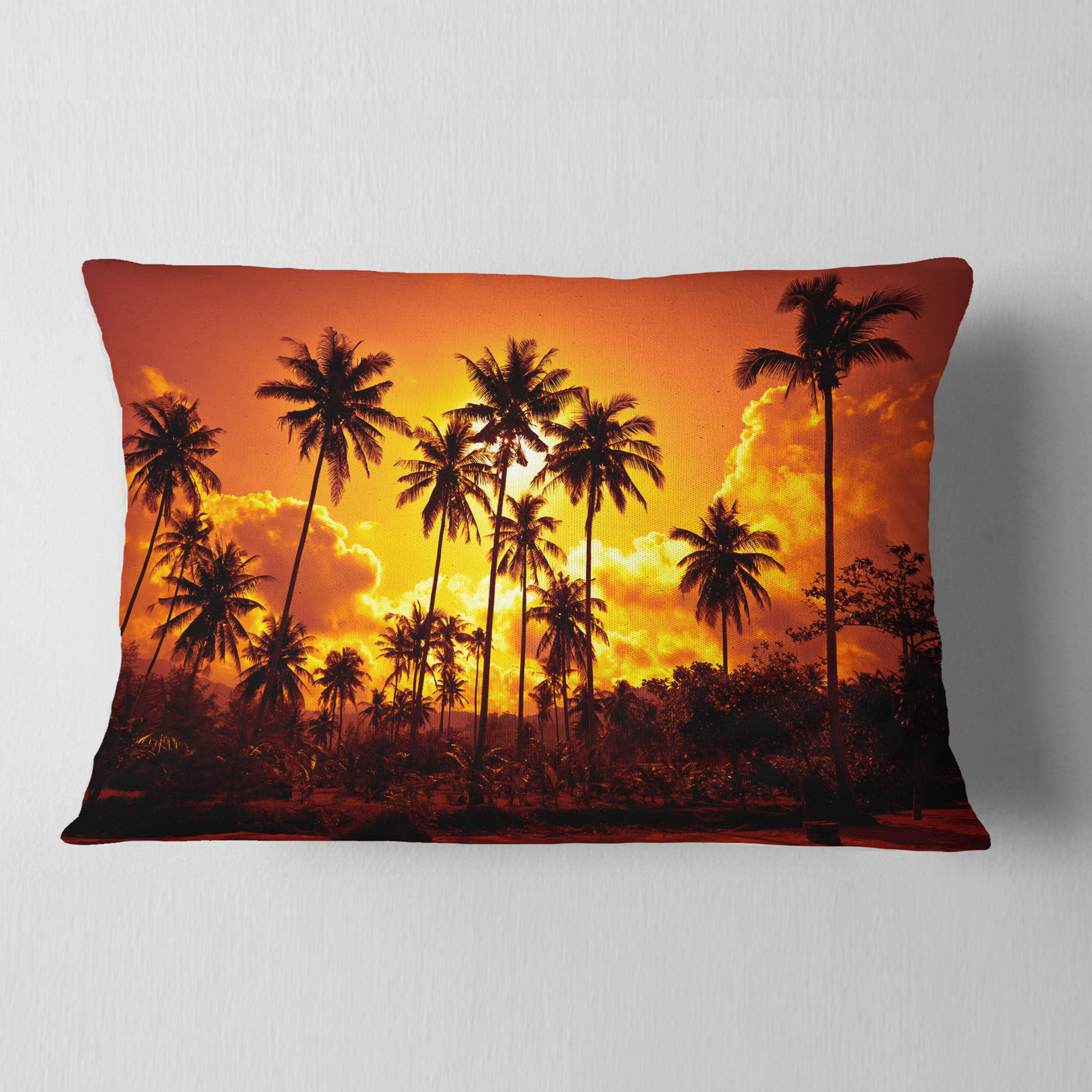 Designart Coconut Palms Against Yellow Sky - Landscape Photography Throw Pillow - 12x20
