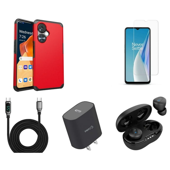 Accessories Bundle for OnePlus Nord N30 5G - Dual Hybrid Shockproof Magnetic Mount Case (Red) with Screen Protectors, Wireless Earbuds, UL Listed USB-C Wall Charger, Digital USB-C Cable