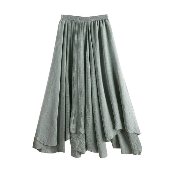 YM YOUMU Women Midi Pleated Asymmetric Skirt Cotton Linen Ethnic Casual