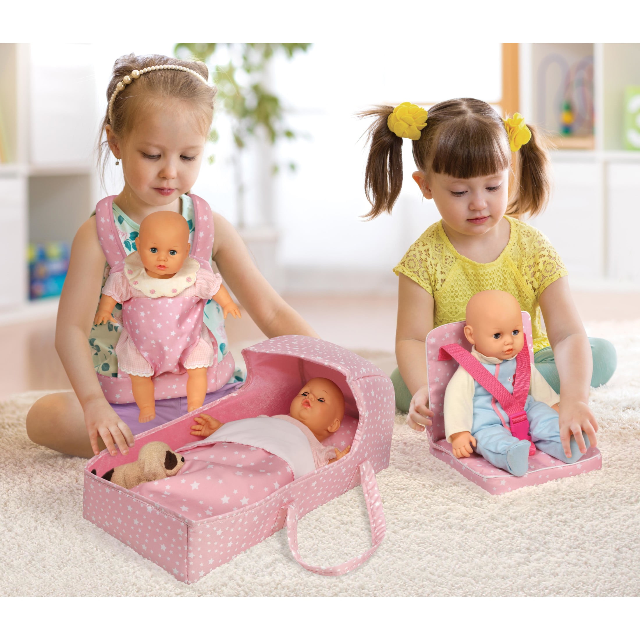 Badger Basket On-the-Go Set with Doll Booster Seat, Travel Bed & Carrier for 18 inch Dolls - Pink