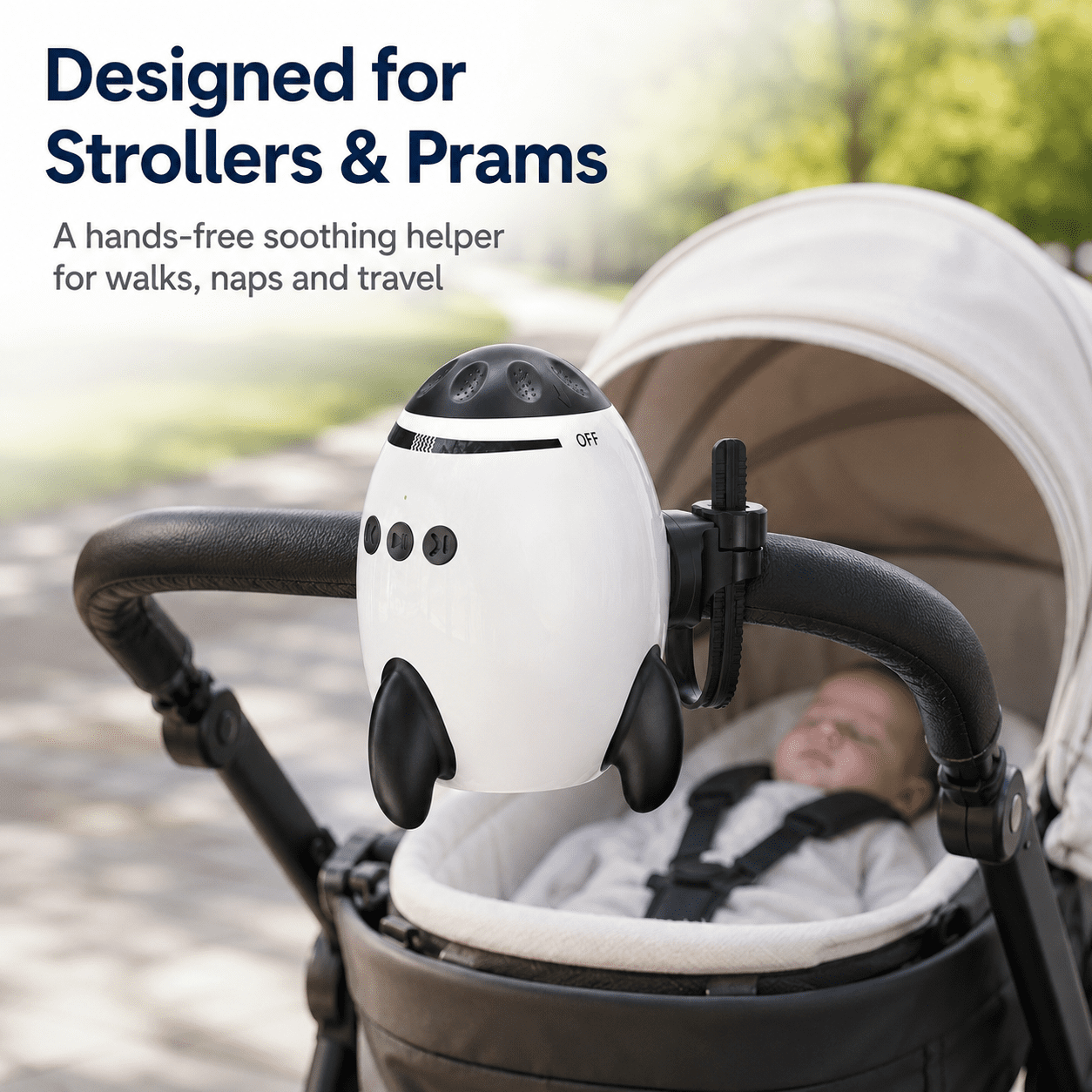 JDMEOPD Baby Stroller Rocker, Black Clip-On Vibrating Soother with Bluetooth Speaker and 11 Sounds for Stroller and Pram