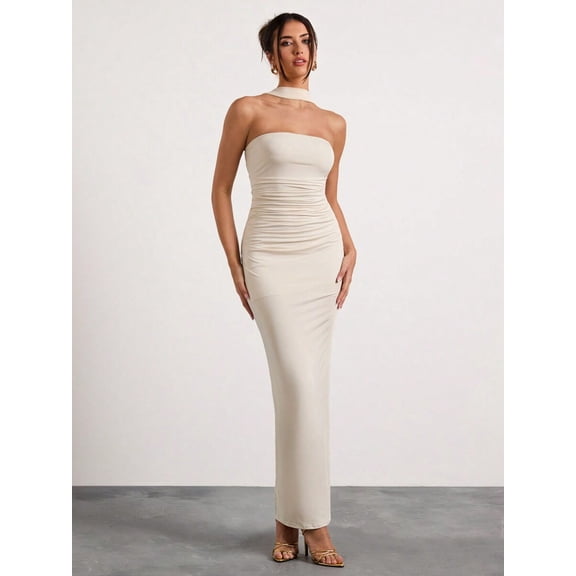 Beige Ruched Halterneck Strapless Maxi Dress For Evening Formal Occasion