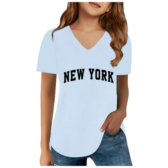 QHFBli Tshirts Girls Short Sleeve Crewneck Tshirts Letter Printed Casual Cute Funny Trendy Tee Tops Kids Clothes Blue 1 12-13 Years
