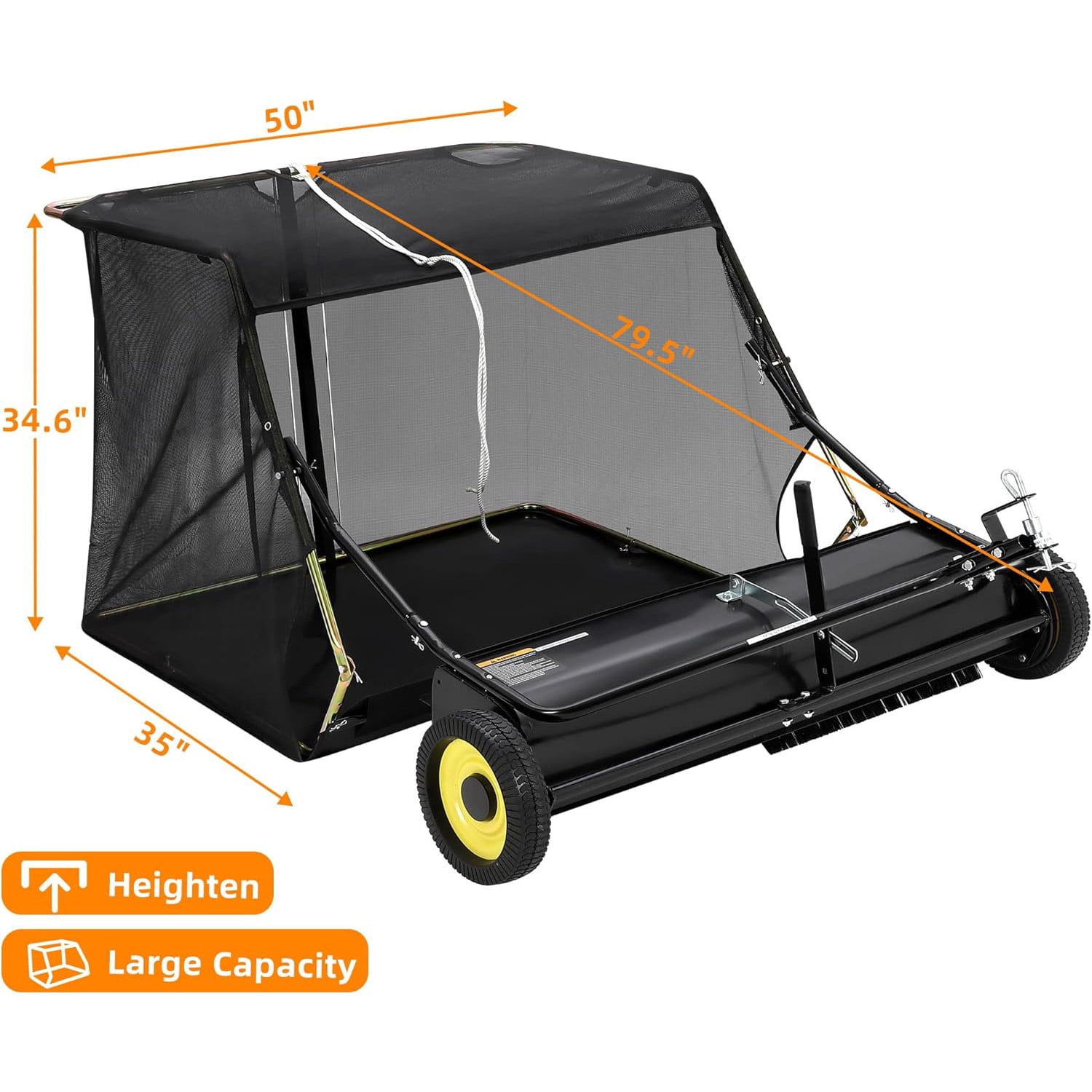 Mescukay Tow Behind Lawn Sweeper, Large Capacity Heavy Duty Leaf & Grass Collector with Adjustable Sweeping Height, Dumping Rope Design for Picking Up Debris and Grass