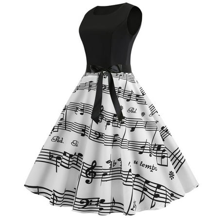 

MENRKOO Dresses for Women 2022 Women s Summer Sleeveless O Neck Vintage Print Corset Splicing Party Swing Big Hem Skirt Dress Black M-
