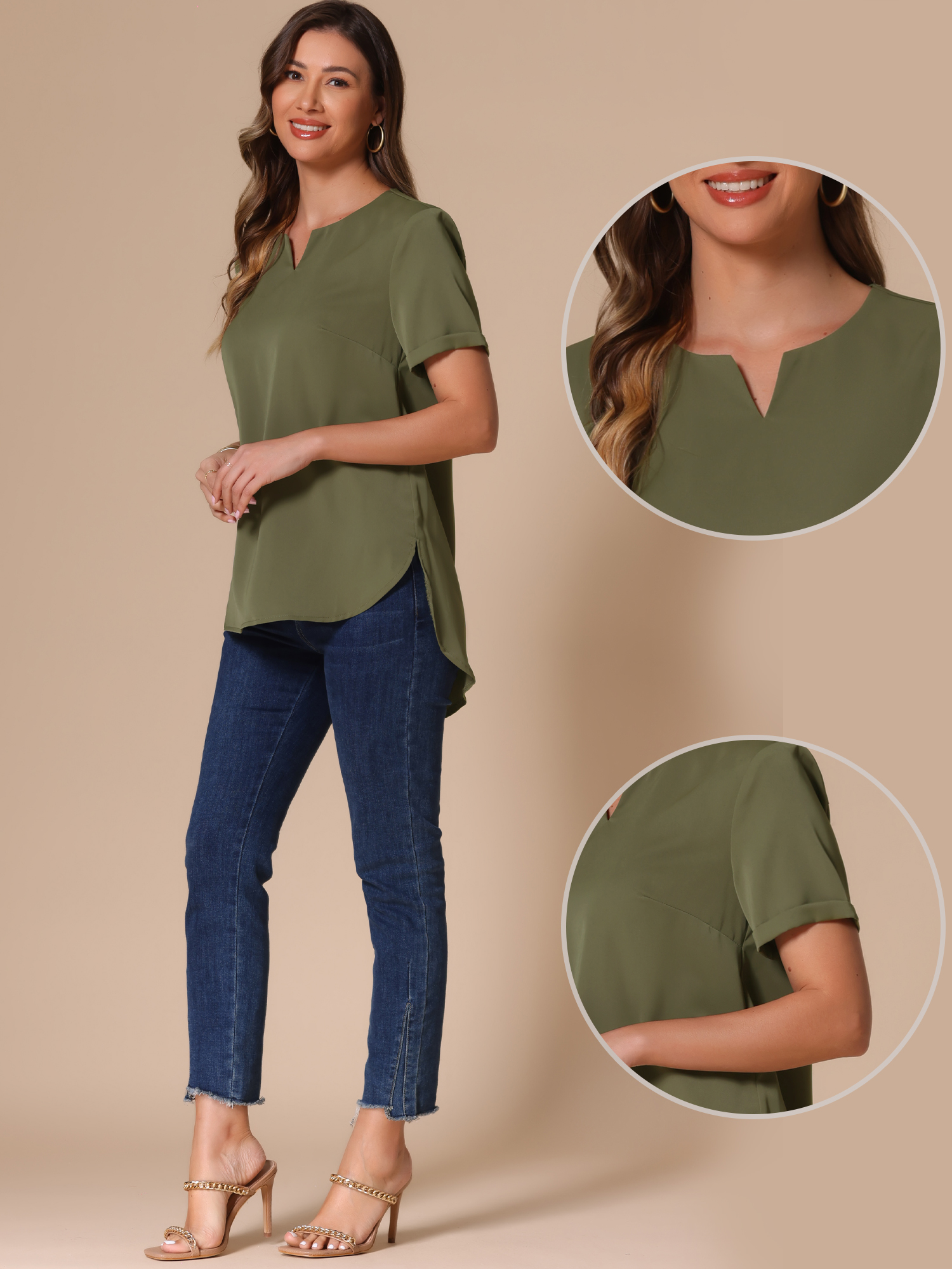 DARING DIVA Women's Loose Fit Dressy Curved Hem Casual Tunic Top Army Green S