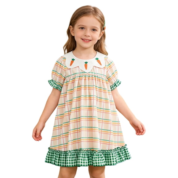 Wuxian Toddler Girls Classic Plaid Dress Embroidered Rabbit Casual Ruffles Peter Pan Collar A-Line Short Puff Sleeve Valentine'S Day Dresses Party Dancewear Ruched Sundress,Green,12-18 Months