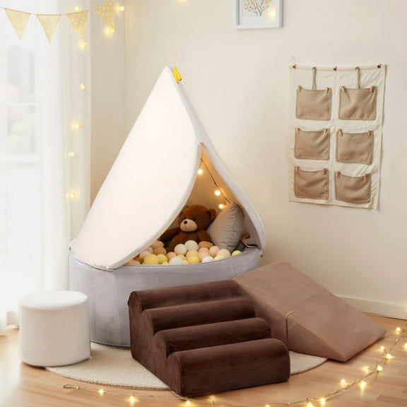 Foam Climber with Tent & Ball Pit – Toddler Climbing Toys, Indoor Soft Play Playground Climber Blocks, Educational Kids Playhouse in Coffee, Beige