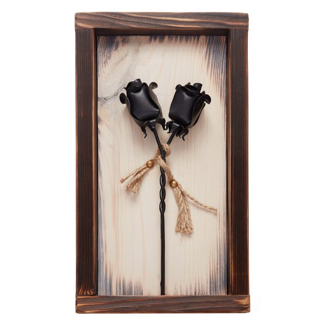 NOVECRAFTO IK Style Set of 2 Forged Iron Roses Twisted Together Forever - Placed in Mountable Wooden Frame - Unique 3D